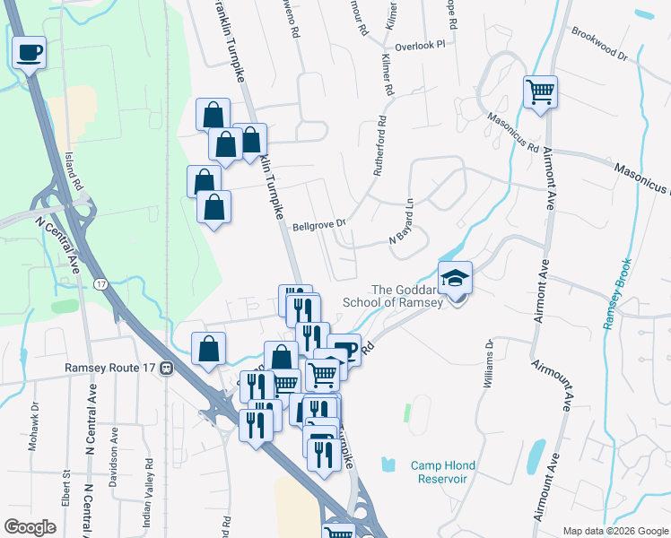map of restaurants, bars, coffee shops, grocery stores, and more near 220 Indian Hollow Court in Mahwah