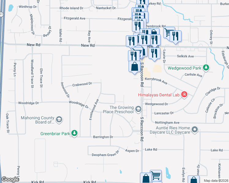 map of restaurants, bars, coffee shops, grocery stores, and more near 2233 Sprucewood Drive in Youngstown