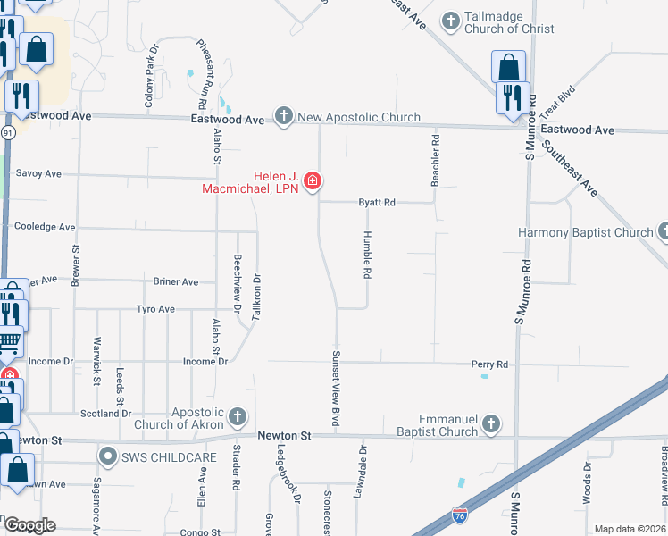 map of restaurants, bars, coffee shops, grocery stores, and more near 819 Sunset View Boulevard in Tallmadge