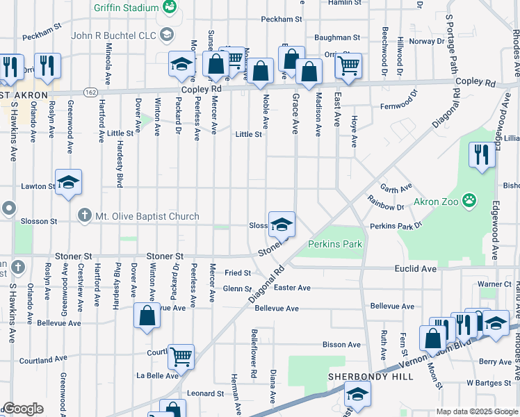 map of restaurants, bars, coffee shops, grocery stores, and more near 679 Noah Avenue in Akron