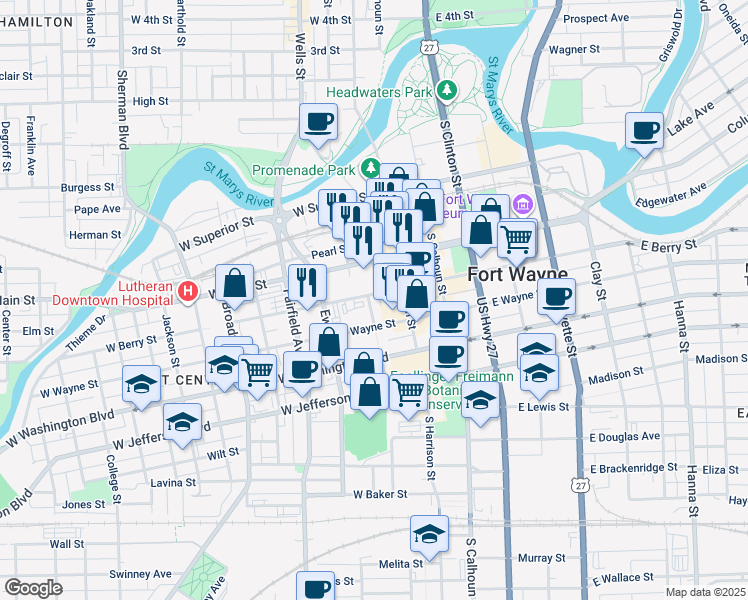map of restaurants, bars, coffee shops, grocery stores, and more near 300 West Berry Street in Fort Wayne