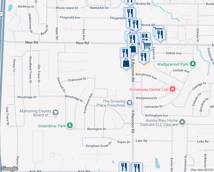 map of restaurants, bars, coffee shops, grocery stores, and more near 2233 Sprucewood Drive in Youngstown