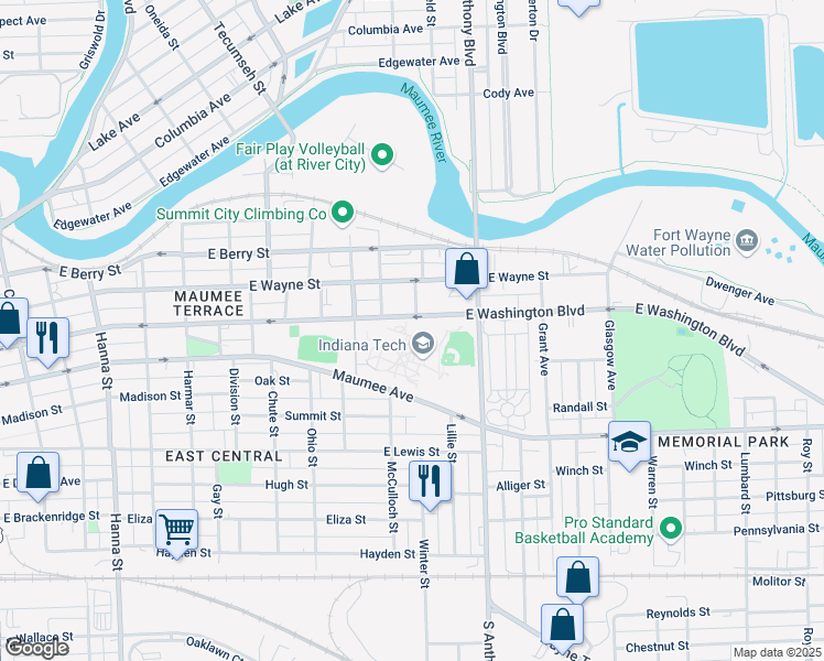 map of restaurants, bars, coffee shops, grocery stores, and more near 1600 East Washington Boulevard in Fort Wayne