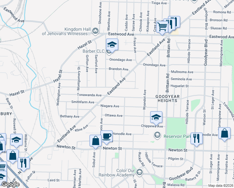 map of restaurants, bars, coffee shops, grocery stores, and more near 1302 Arnold Avenue in Akron