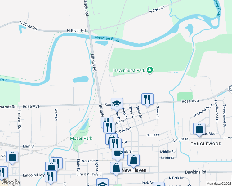 map of restaurants, bars, coffee shops, grocery stores, and more near 130 North Rufus Street in New Haven