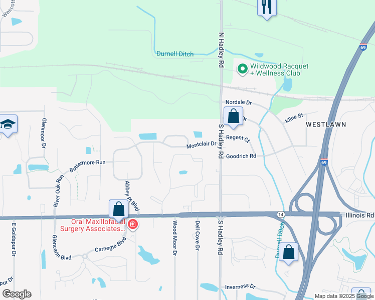 map of restaurants, bars, coffee shops, grocery stores, and more near 7402 Glen Gelder Circle West in Fort Wayne