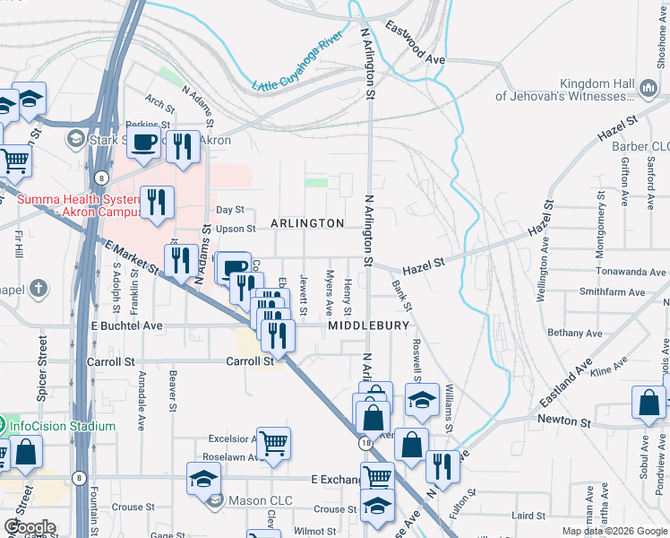 map of restaurants, bars, coffee shops, grocery stores, and more near 772 Hazel Street in Akron
