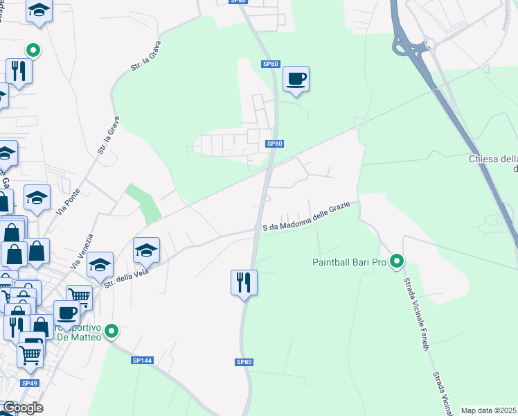 map of restaurants, bars, coffee shops, grocery stores, and more near 291 Via Giuseppe Fanelli in Bari