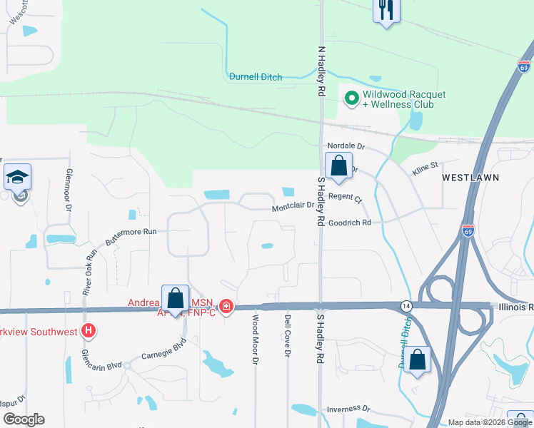 map of restaurants, bars, coffee shops, grocery stores, and more near 7402 Glen Gelder Circle West in Fort Wayne
