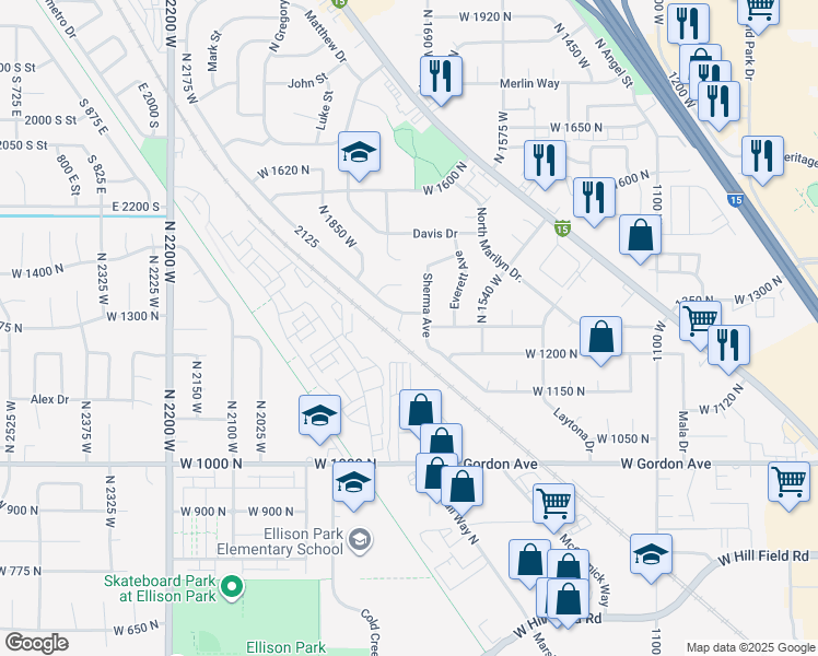 map of restaurants, bars, coffee shops, grocery stores, and more near 1341 North Celia Way in Layton