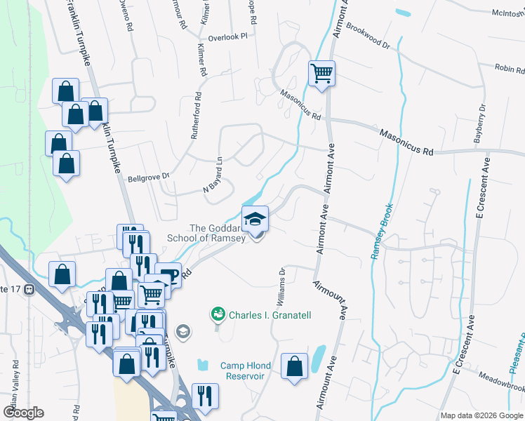 map of restaurants, bars, coffee shops, grocery stores, and more near 2214 Hilltop Road in Mahwah