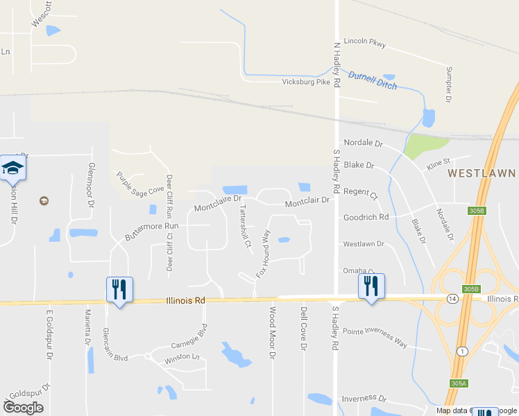 map of restaurants, bars, coffee shops, grocery stores, and more near 7455 Montclair Drive in Fort Wayne
