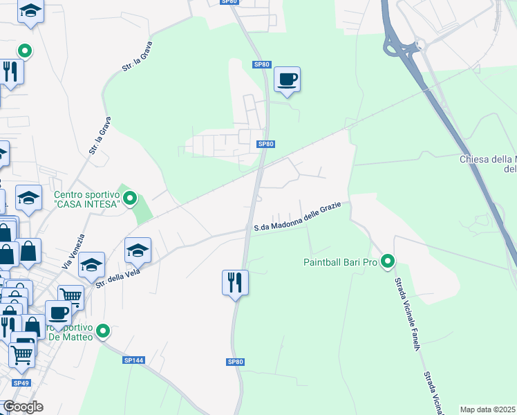 map of restaurants, bars, coffee shops, grocery stores, and more near 291 Via Giuseppe Fanelli in Bari