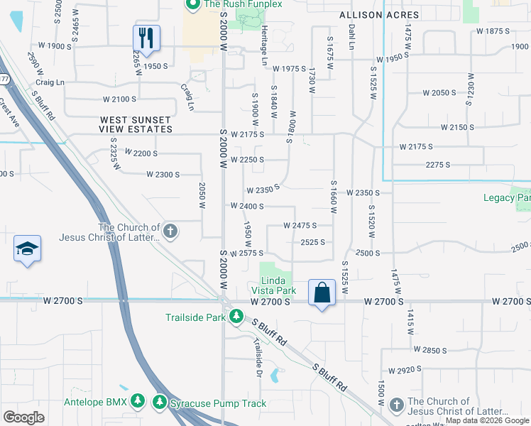 map of restaurants, bars, coffee shops, grocery stores, and more near 1860 West 2400 South in Syracuse