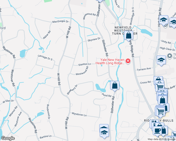 map of restaurants, bars, coffee shops, grocery stores, and more near 83 Westwood Road in Stamford