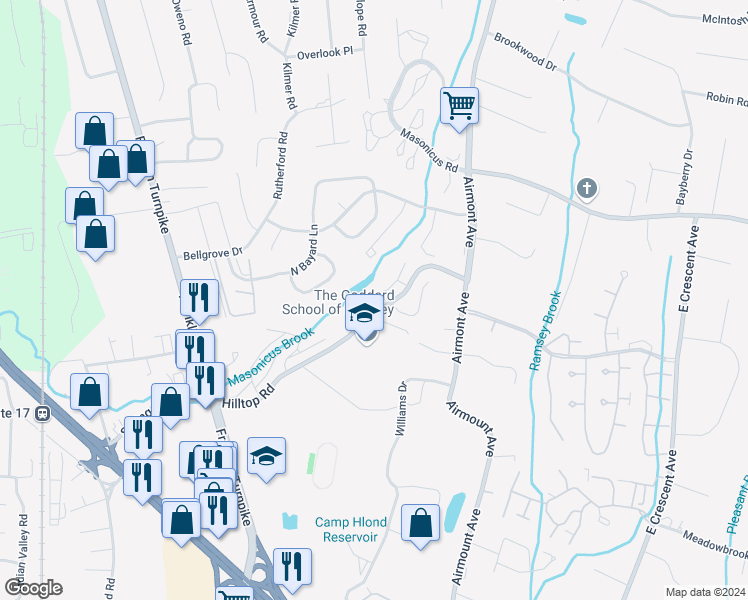 map of restaurants, bars, coffee shops, grocery stores, and more near 2214 Hilltop Road in Mahwah