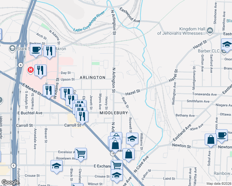 map of restaurants, bars, coffee shops, grocery stores, and more near in Akron