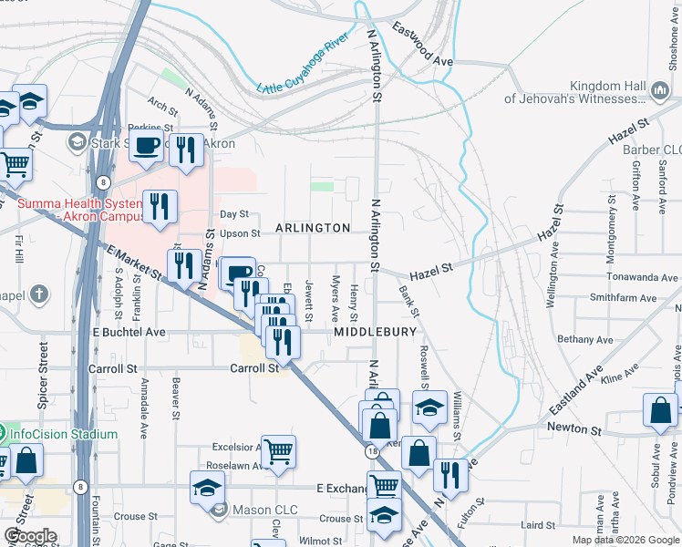 map of restaurants, bars, coffee shops, grocery stores, and more near 772 Hazel Street in Akron