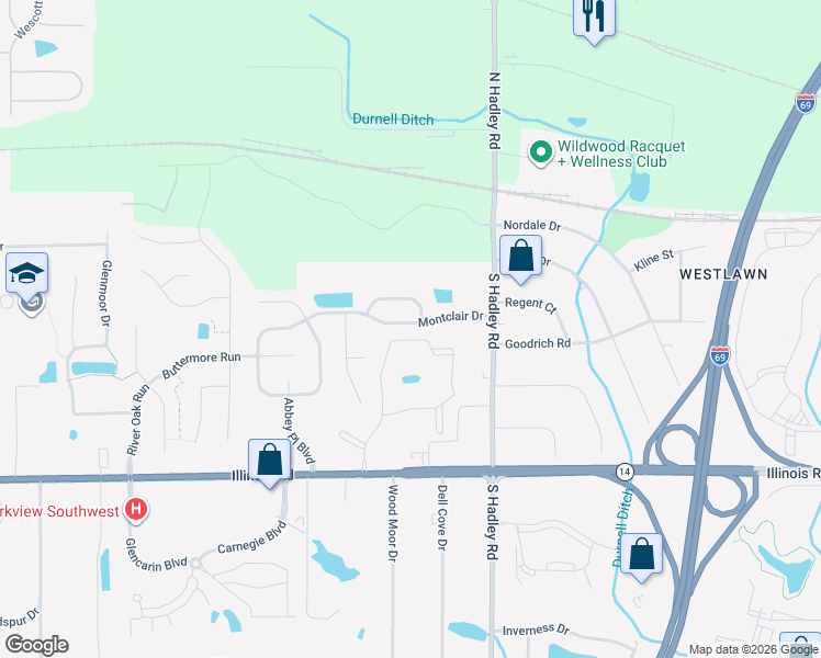 map of restaurants, bars, coffee shops, grocery stores, and more near 7402 Glen Gelder Circle West in Fort Wayne