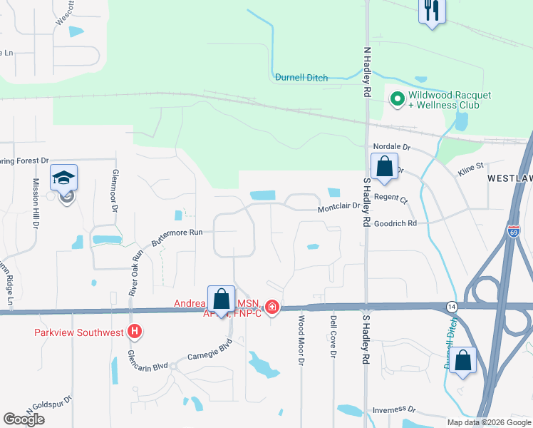 map of restaurants, bars, coffee shops, grocery stores, and more near 501 Tattersholl Court in Fort Wayne