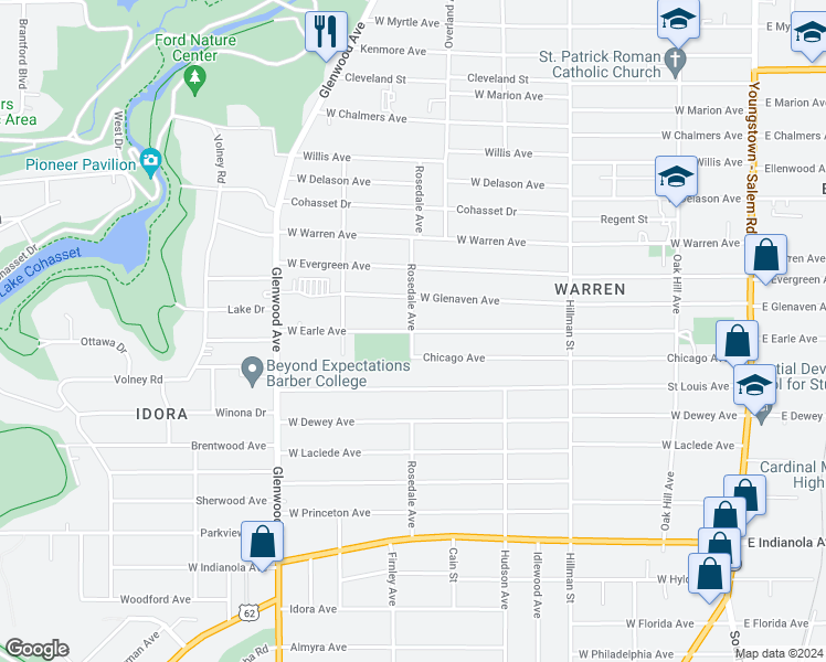 map of restaurants, bars, coffee shops, grocery stores, and more near 498 West Earle Avenue in Youngstown
