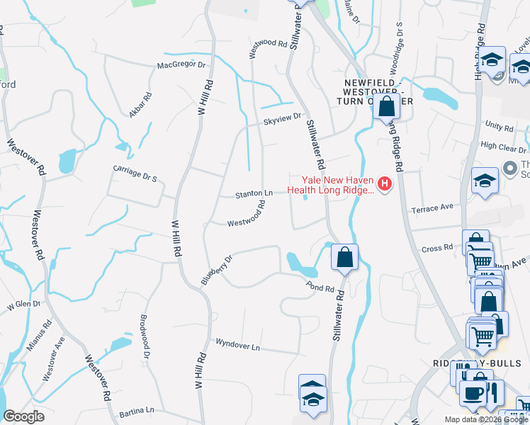 map of restaurants, bars, coffee shops, grocery stores, and more near 83 Westwood Road in Stamford