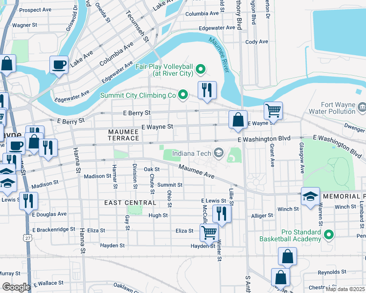 map of restaurants, bars, coffee shops, grocery stores, and more near 1324 East Washington Boulevard in Fort Wayne