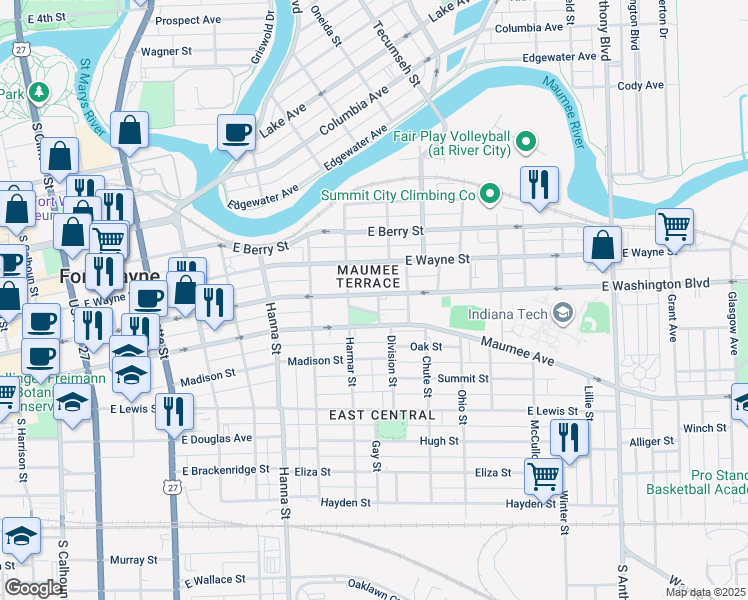 map of restaurants, bars, coffee shops, grocery stores, and more near 936 East Washington Boulevard in Fort Wayne