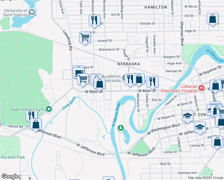 map of restaurants, bars, coffee shops, grocery stores, and more near 1638 West Main Street in Fort Wayne