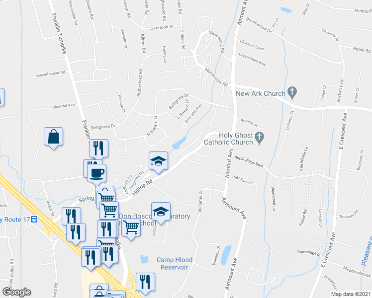 map of restaurants, bars, coffee shops, grocery stores, and more near 2214 Hilltop Road in Mahwah