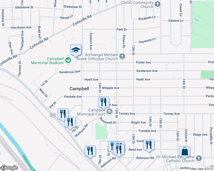 map of restaurants, bars, coffee shops, grocery stores, and more near 342 Whipple Avenue in Campbell