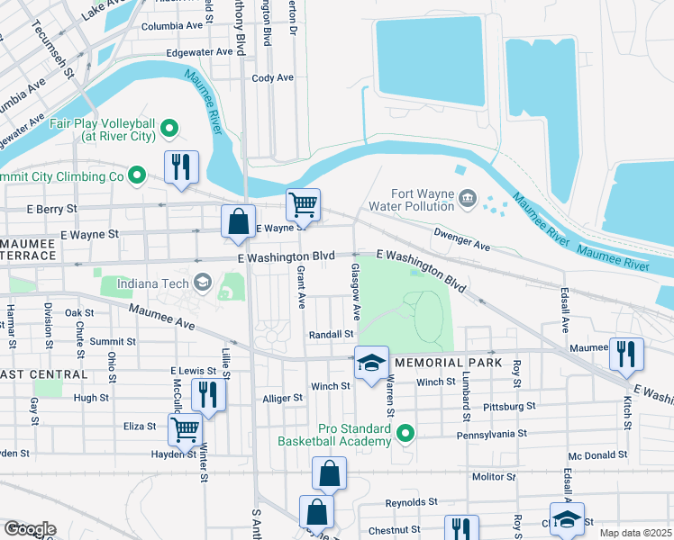 map of restaurants, bars, coffee shops, grocery stores, and more near 2120 East Washington Boulevard in Fort Wayne