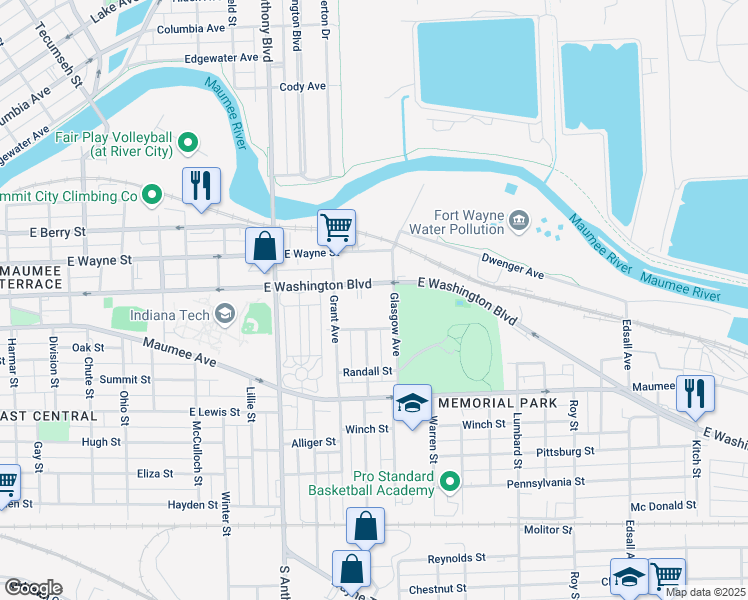 map of restaurants, bars, coffee shops, grocery stores, and more near 2120 East Washington Boulevard in Fort Wayne