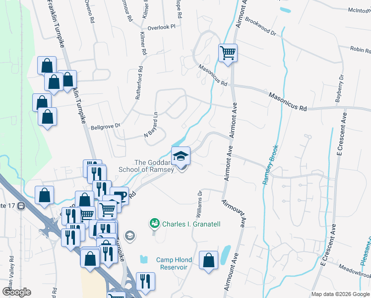 map of restaurants, bars, coffee shops, grocery stores, and more near 2214 Hilltop Road in Mahwah