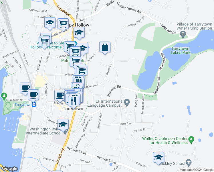 map of restaurants, bars, coffee shops, grocery stores, and more near 1 Sunset Way in Tarrytown
