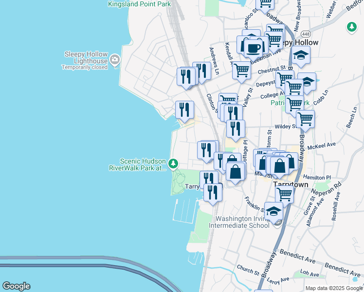 map of restaurants, bars, coffee shops, grocery stores, and more near 18 Rivers Edge Drive in Tarrytown