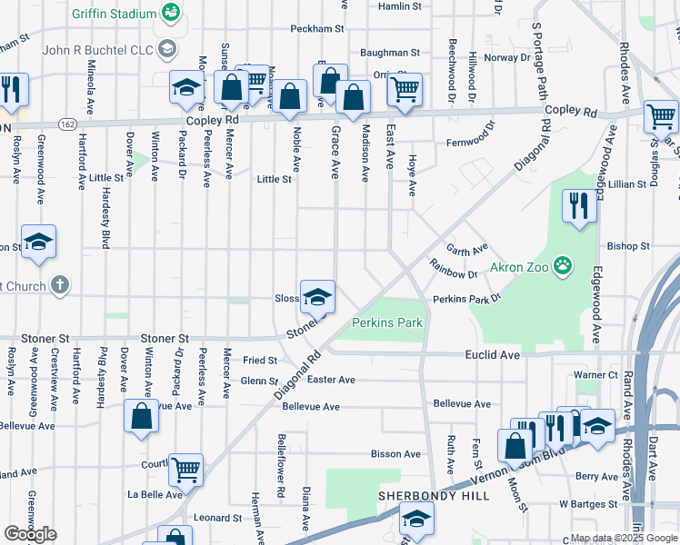 map of restaurants, bars, coffee shops, grocery stores, and more near 707 Grace Avenue in Akron