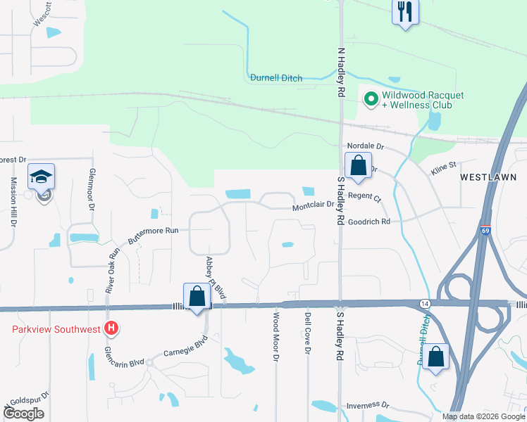 map of restaurants, bars, coffee shops, grocery stores, and more near 7436 Montclair Drive in Fort Wayne