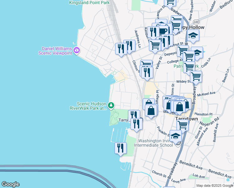 map of restaurants, bars, coffee shops, grocery stores, and more near 18 Rivers Edge Drive in Tarrytown