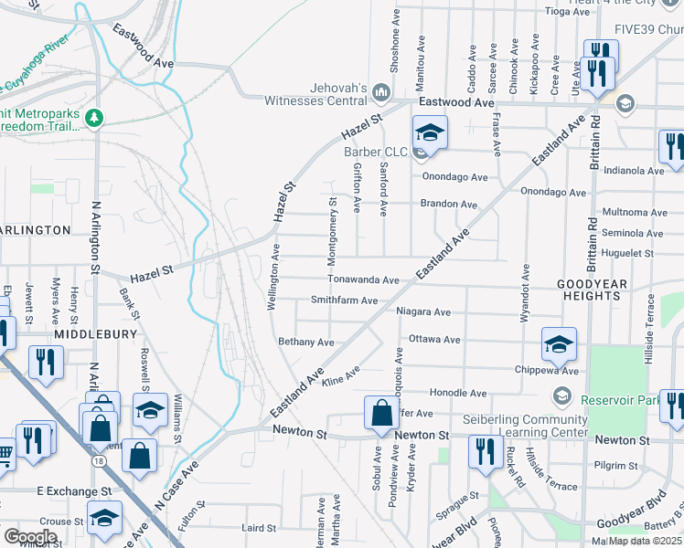 map of restaurants, bars, coffee shops, grocery stores, and more near 1123 Tonawanda Avenue in Akron