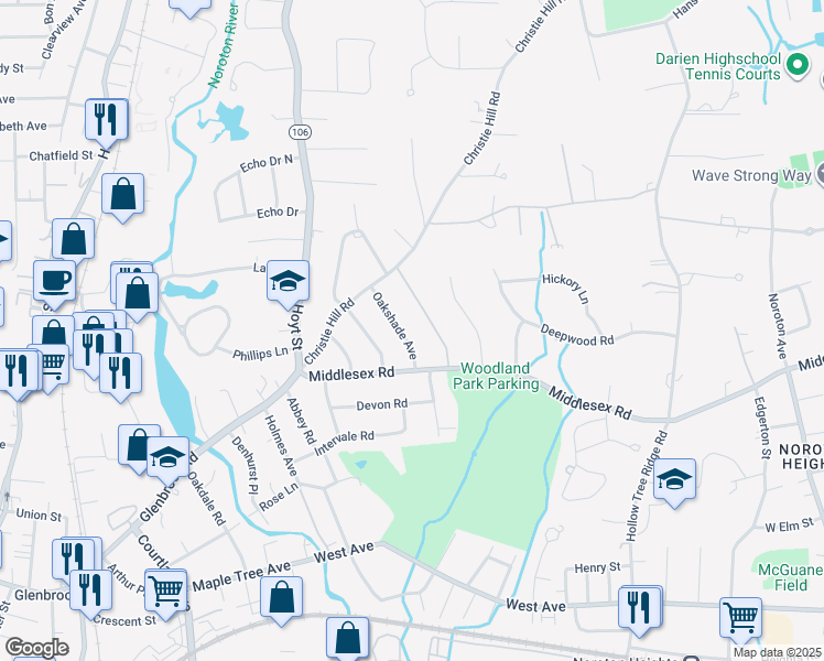 map of restaurants, bars, coffee shops, grocery stores, and more near 17 Oakshade Avenue in Darien