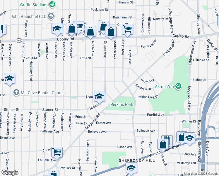 map of restaurants, bars, coffee shops, grocery stores, and more near 701 Grace Avenue in Akron