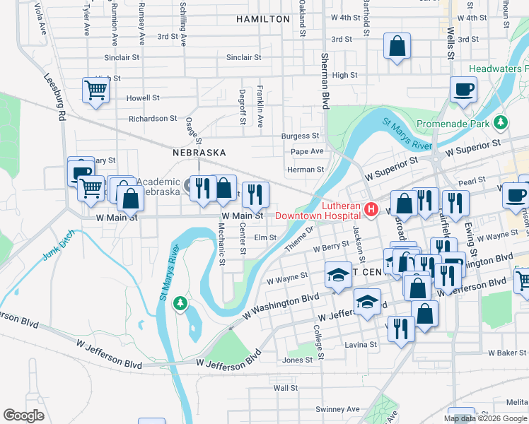map of restaurants, bars, coffee shops, grocery stores, and more near 1154 West Main Street in Fort Wayne