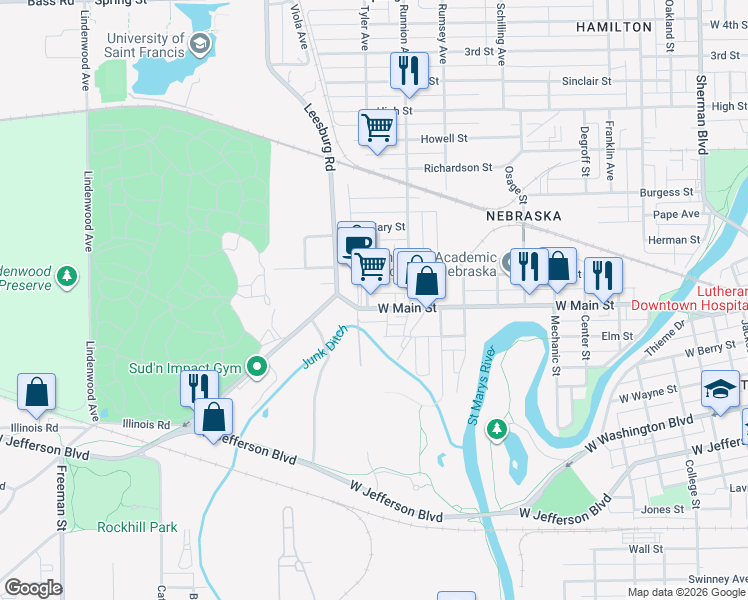 map of restaurants, bars, coffee shops, grocery stores, and more near 1906 West Main Street in Fort Wayne