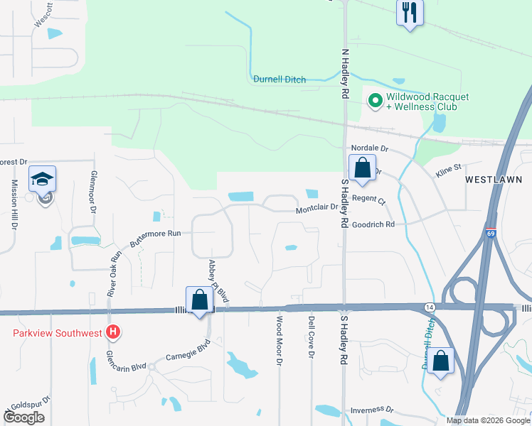 map of restaurants, bars, coffee shops, grocery stores, and more near 7436 Montclair Drive in Fort Wayne