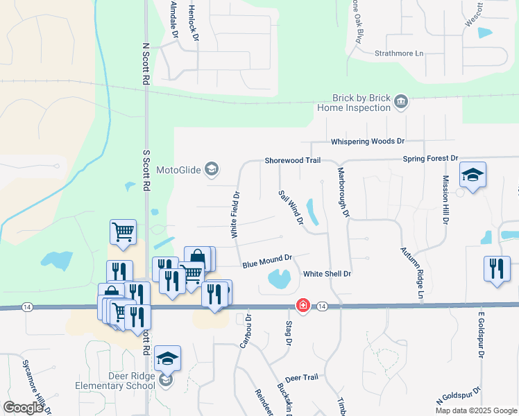 map of restaurants, bars, coffee shops, grocery stores, and more near 519 Blue Cliff Place in Fort Wayne