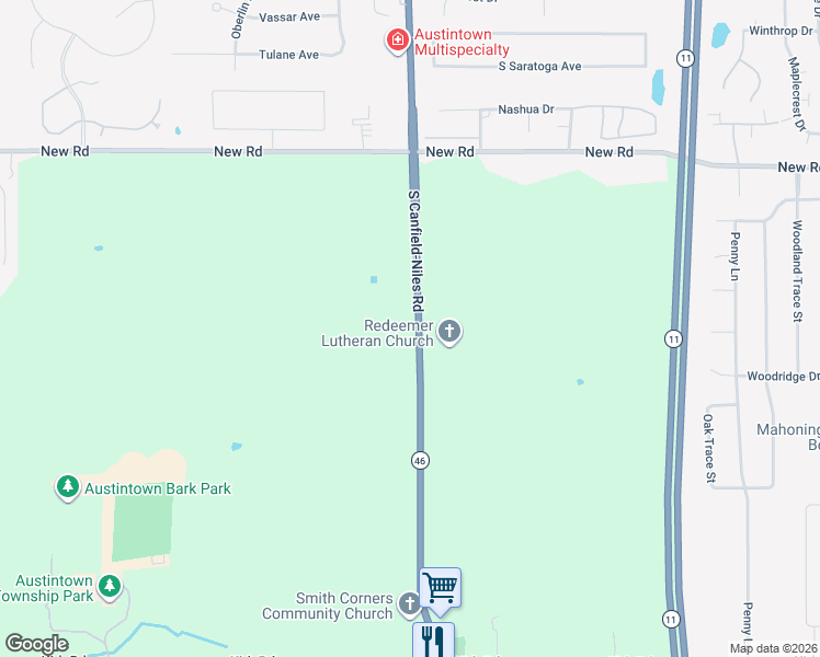 map of restaurants, bars, coffee shops, grocery stores, and more near 2160 South Canfield-Niles Road in Youngstown