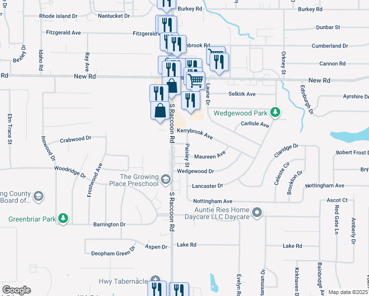 map of restaurants, bars, coffee shops, grocery stores, and more near 1786 Paisley Street in Youngstown