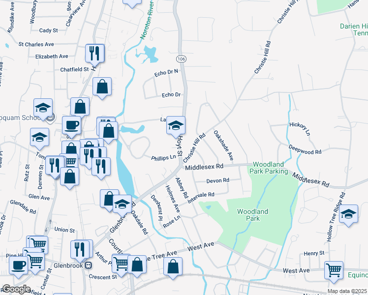 map of restaurants, bars, coffee shops, grocery stores, and more near 15 Connecticut 106 in Darien