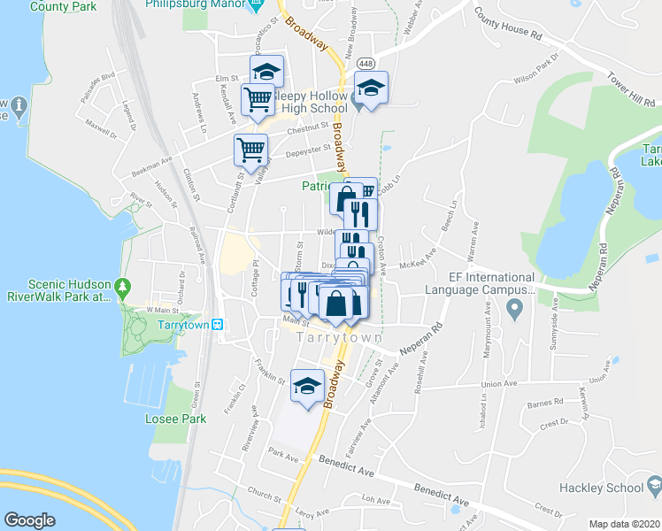 map of restaurants, bars, coffee shops, grocery stores, and more near 98 Dixon Lane in Tarrytown